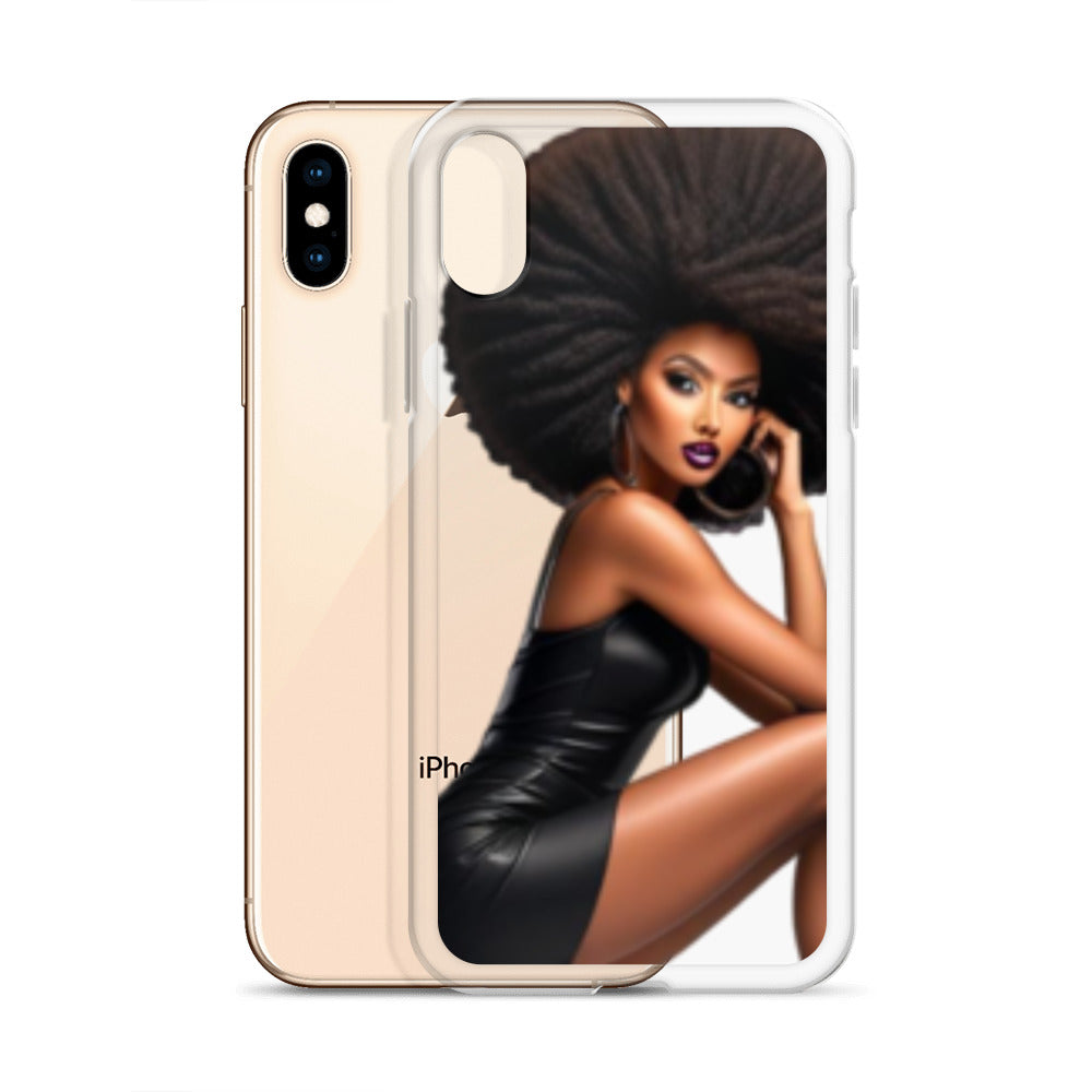 Stiletto Queen Clear iPhone® Case featuring striking artwork of a confident Black woman with voluminous afro hair and bold makeup, blending melanin-rich imagery with stylish protection.
