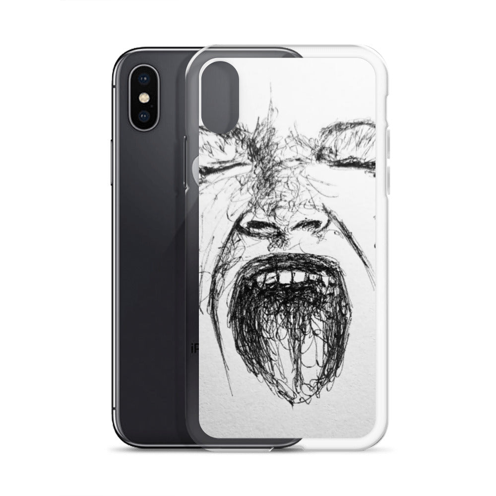 She Screams Clear iPhone® Case featuring bold black sketch art of a screaming face on a transparent background, blending melanin-rich imagery with purpose-driven messaging.