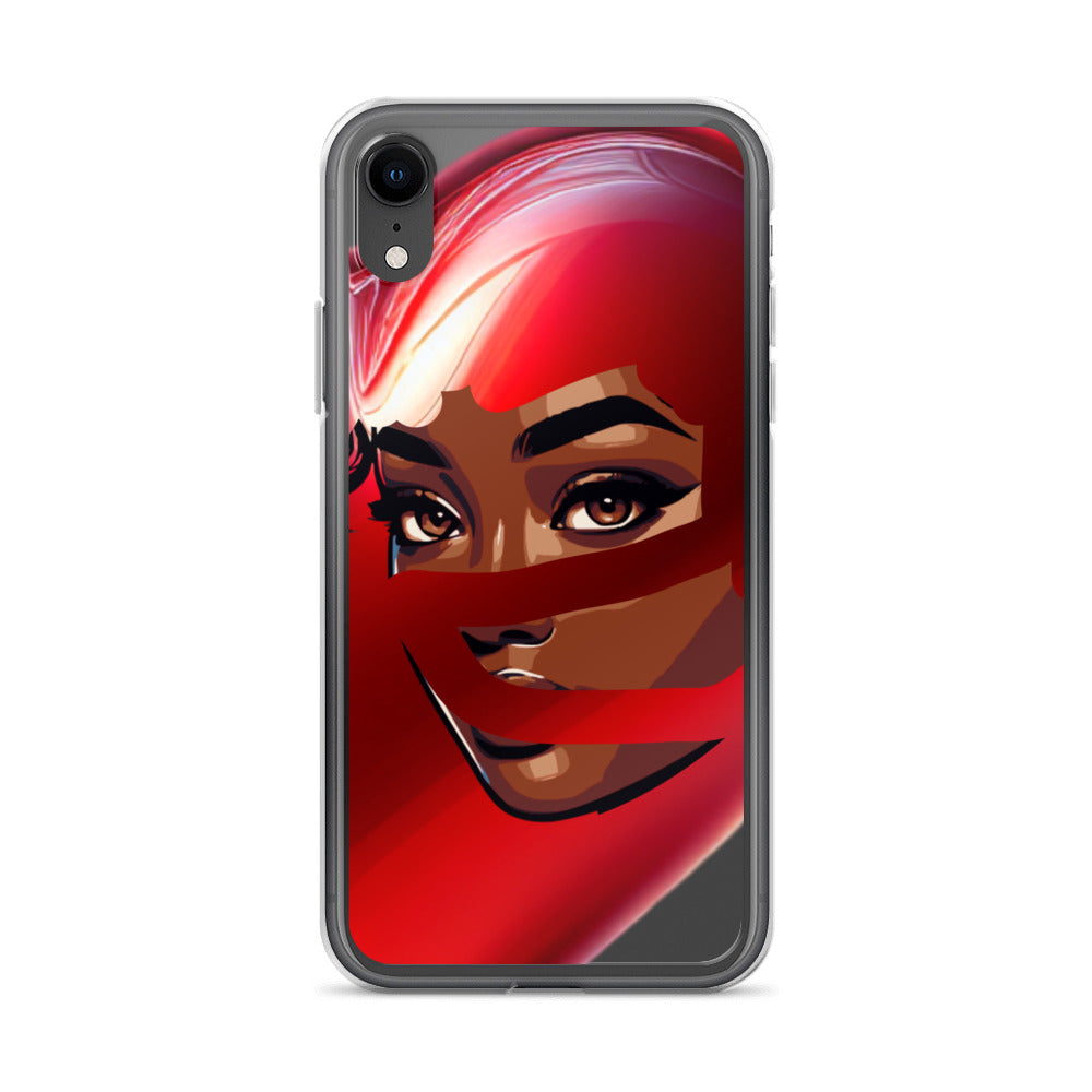 Clear iPhone® case featuring a striking red scarf design over a confident melanin-rich woman’s face, combining faith-inspired apparel and purpose-driven messaging in the Red Scarf Mystery Clear iPhone® Case.
