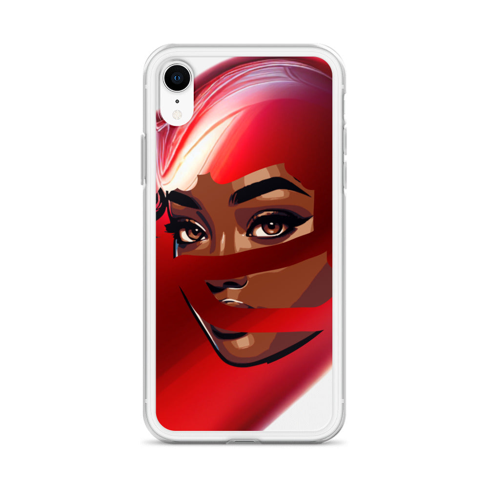 Clear iPhone® case featuring a digital art portrait of a woman with a red scarf and rich melanin tones, embodying faith-inspired apparel and purpose-driven messaging, titled Red Scarf Mystery Clear iPhone® Case.