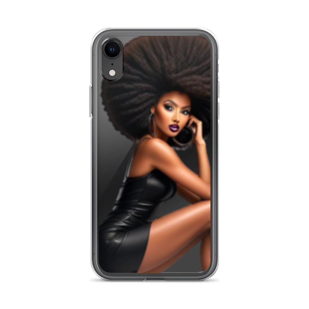 Stiletto Queen Clear iPhone® Case featuring a striking illustration of a confident Black woman with voluminous natural hair, wearing a sleek black dress, inspired by melanin-rich imagery and purpose-driven messaging.