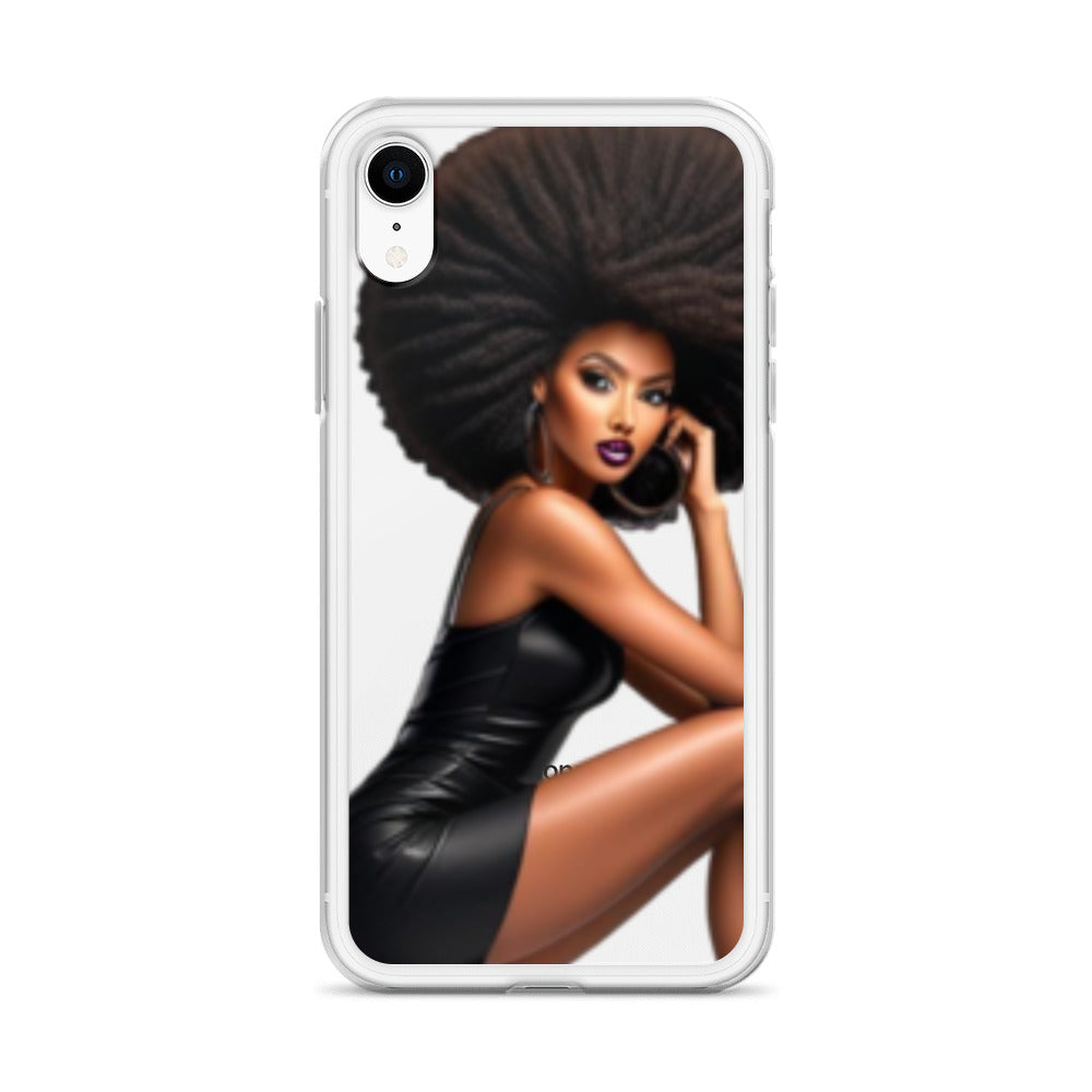 Clear iPhone® case featuring a striking image of a confident Black woman with voluminous natural hair and bold makeup, embodying melanin-rich imagery on the Stiletto Queen Clear iPhone® Case.