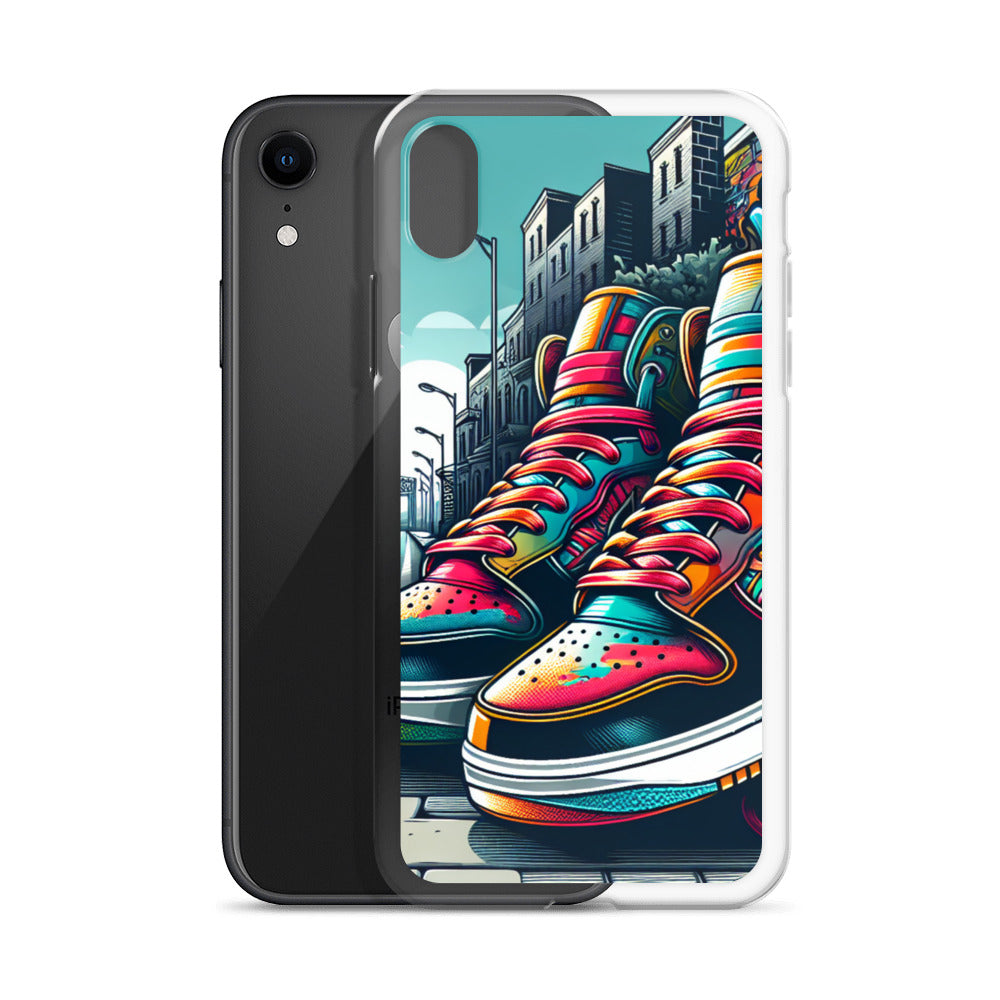Clear Case – Sneaker on the Block featuring vibrant sneaker artwork with bold colors and an urban cityscape background, reflecting faith-inspired apparel and purpose-driven messaging.