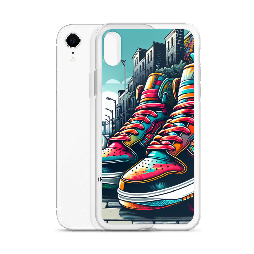 Clear Case – Sneaker on the Block featuring vibrant, colorful sneakers artwork against an urban street backdrop, blending melanin-rich imagery with faith-inspired purpose-driven messaging.