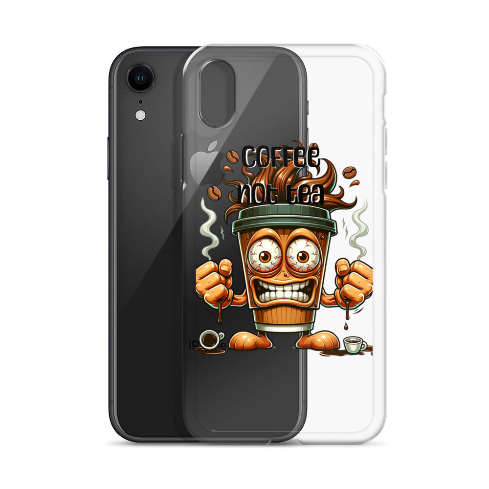 Coffee Not Tea Clear iPhone® Case featuring a lively coffee cup character with steam, conveying purpose-driven messaging and faith-inspired melanin-rich imagery.