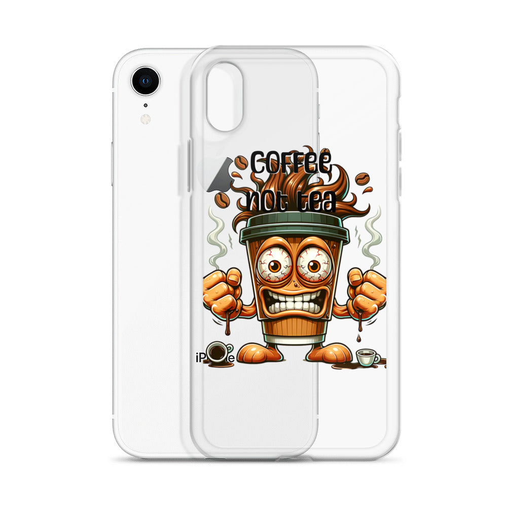 Clear iPhone® case featuring a vibrant design of a lively coffee cup character with the bold text "Coffee Not Tea," blending faith-inspired apparel with melanin-rich imagery and purpose-driven messaging.