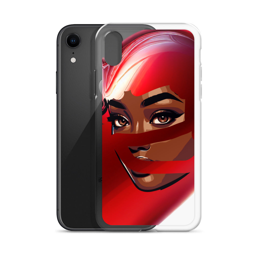 Clear iPhone® case featuring an artistic design of a woman with red scarf and vibrant hair, combining melanin-rich imagery with purpose-driven messaging, titled Red Scarf Mystery Clear iPhone® Case.