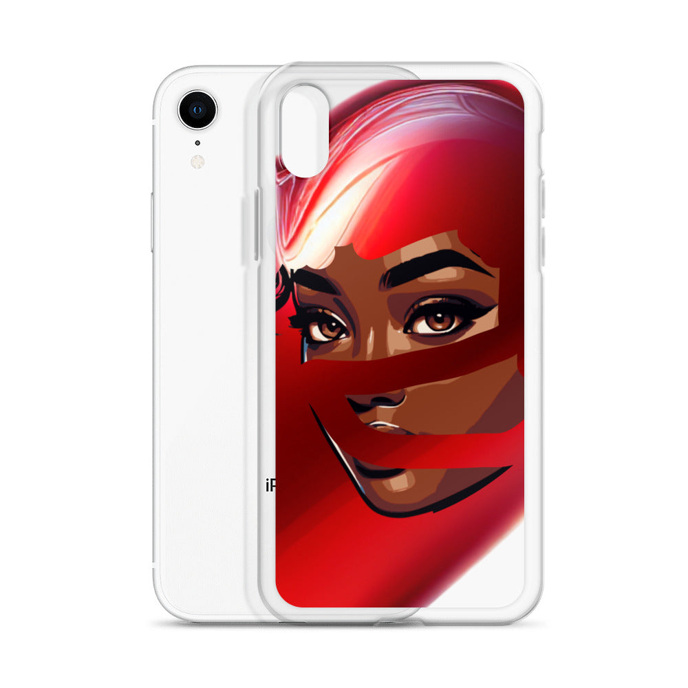 Clear iPhone® case featuring a striking illustration of a woman with melanin-rich skin partially covered by a red scarf, blending faith-inspired and purpose-driven artistry, titled Red Scarf Mystery Clear iPhone® Case.