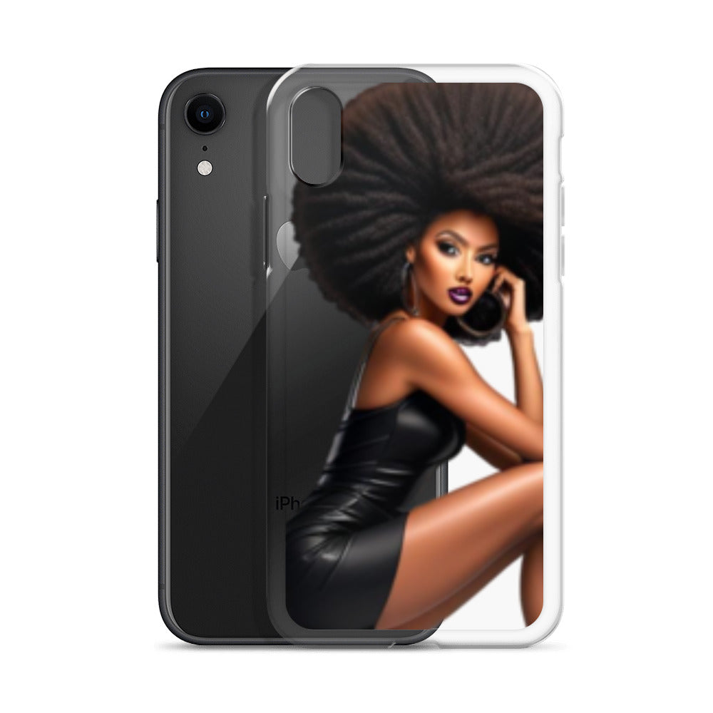 Stiletto Queen Clear iPhone® Case featuring a stylish Black woman with voluminous afro hair wearing a black leather dress, blending melanin-rich imagery with faith-inspired, purpose-driven messaging.