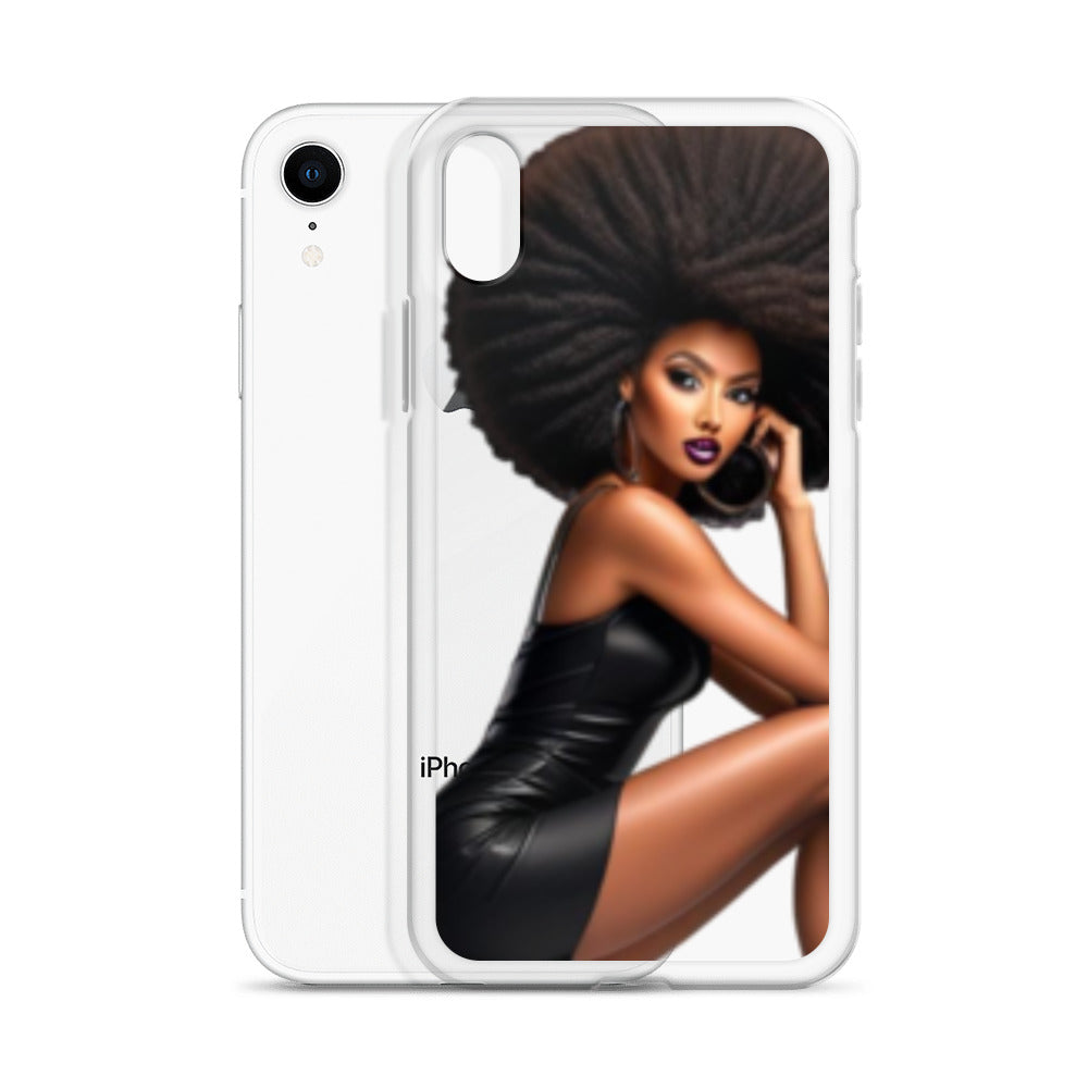 Clear iPhone® case featuring a stylish illustration of a confident Black woman with an afro in a black dress, showcasing the Stiletto Queen Clear iPhone® Case with faith-inspired elegance.