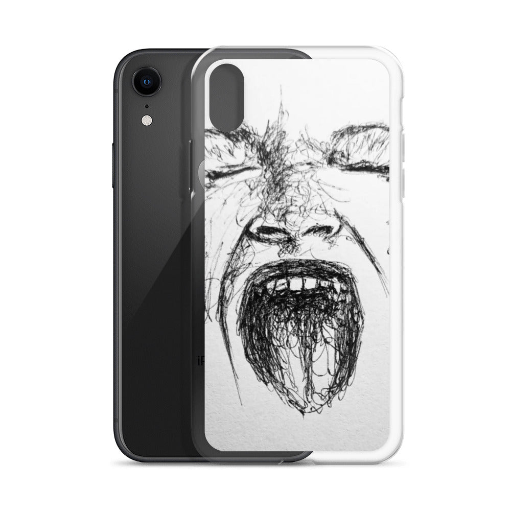 She Screams Clear iPhone® Case featuring an abstract black sketch of a face with an open mouth screaming, combining art and purpose-driven messaging in a clear protective cover.