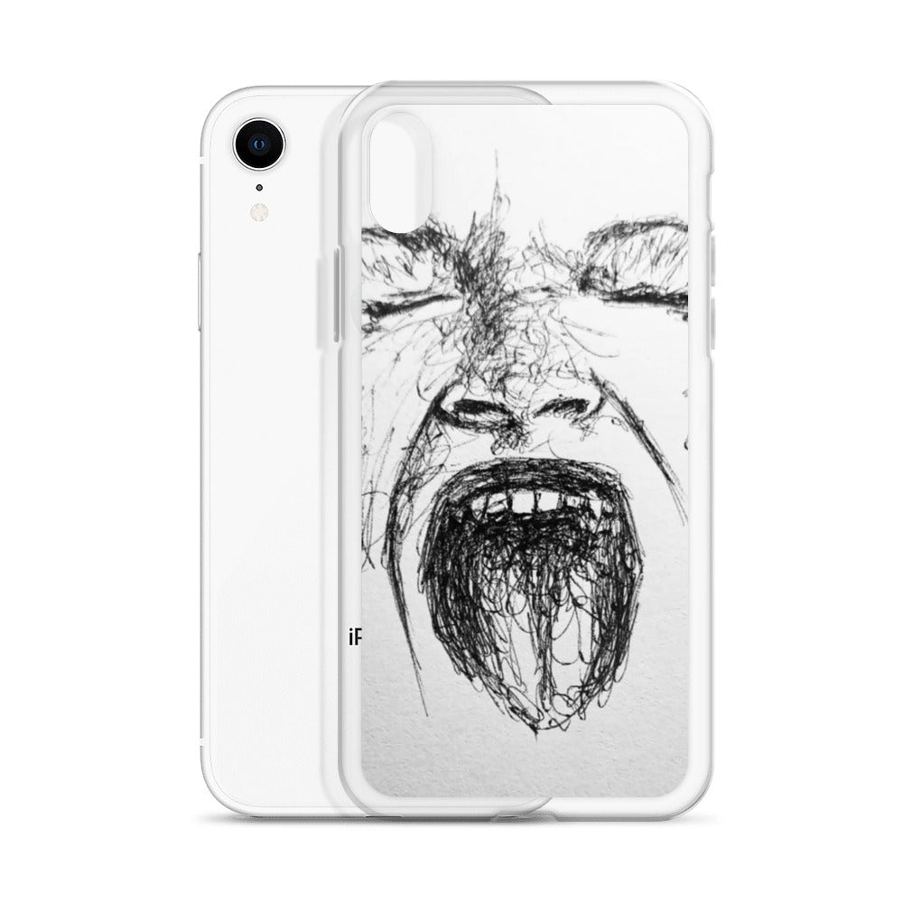 She Screams Clear iPhone® Case featuring a bold black sketch of a screaming face, blending expressive art with protection for your phone, inspired by purpose-driven messaging.