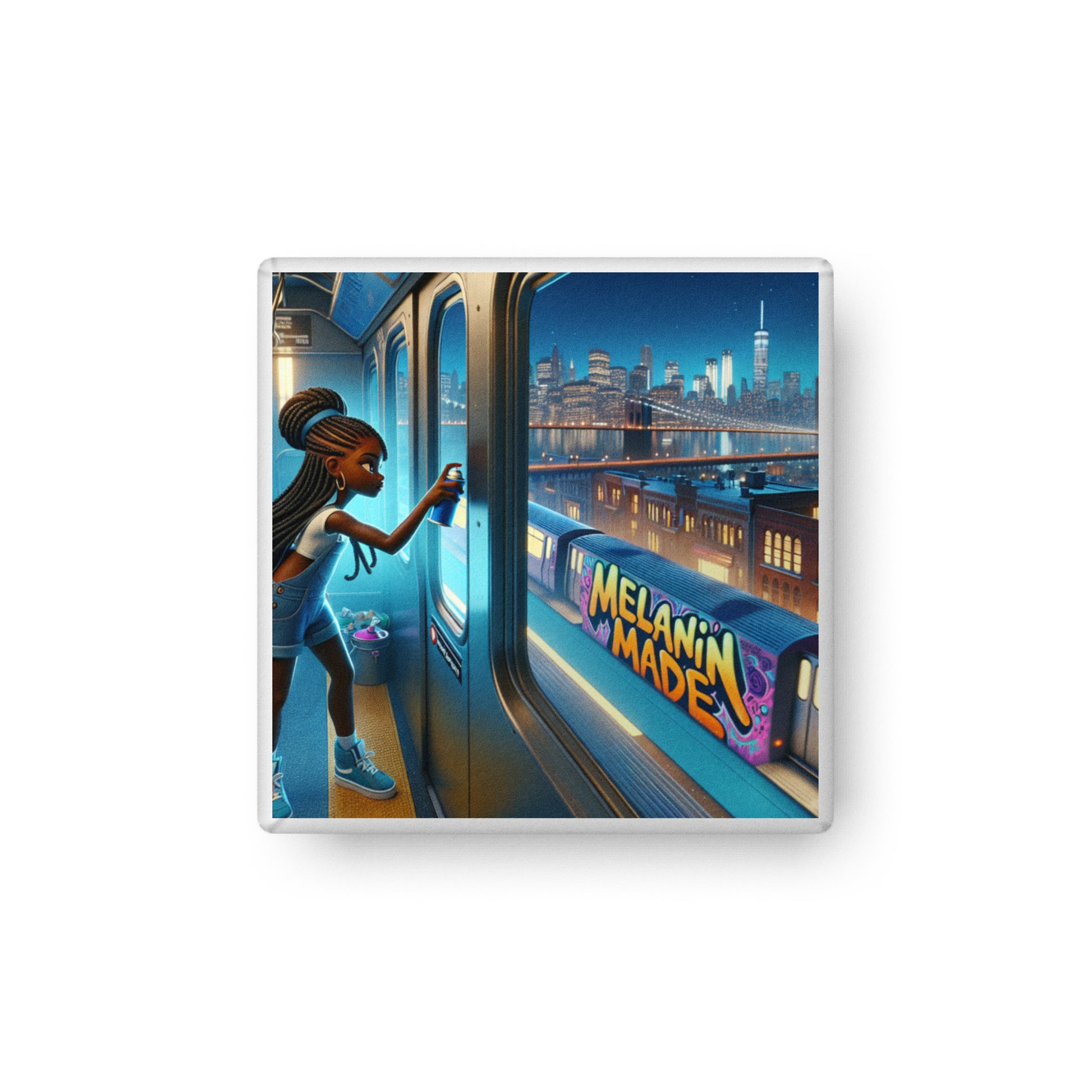Graffiti Dreams Pillow featuring a vibrant urban scene of a young woman with braided hair spray-painting graffiti on a subway train against a city skyline at night.