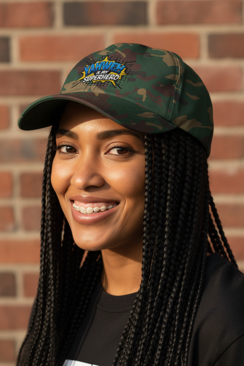 Dad Hat — Green Camo Close-Up Portrait