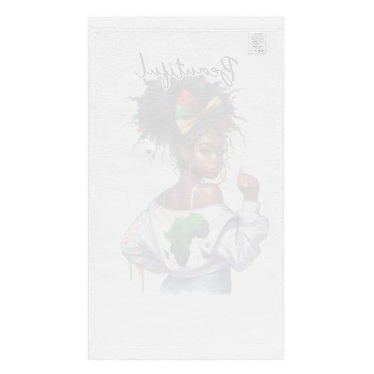 White hand towel featuring artwork of a confident Black woman with a colorful headwrap and the word "Beautiful" above, blending faith-inspired and melanin-rich imagery on the Hand Towel – Beautiful.