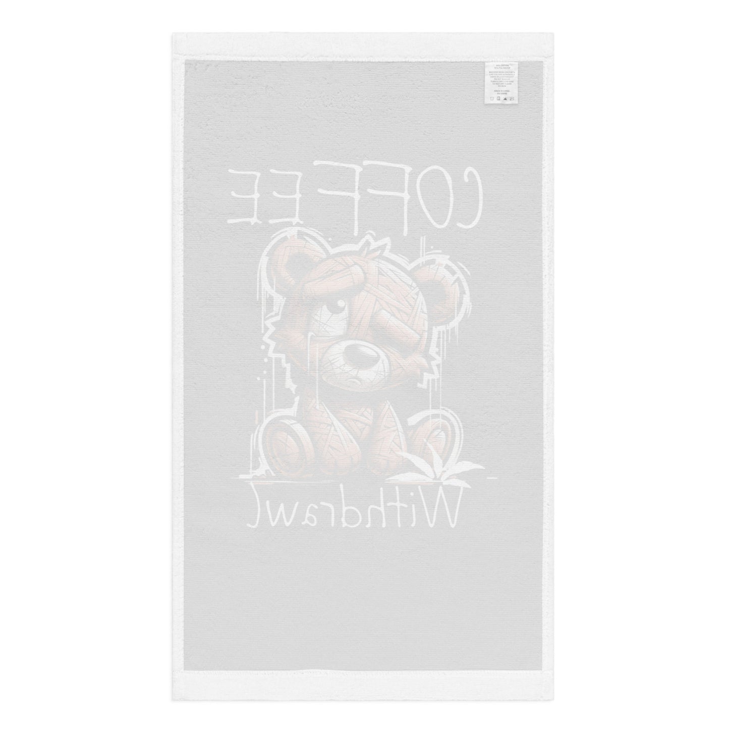 Hand Towel – Coffee Withdrawal (Black) featuring a cute, sleepy bear illustration with coffee-themed text, perfect for faith-inspired home decor and inspirational gifts.