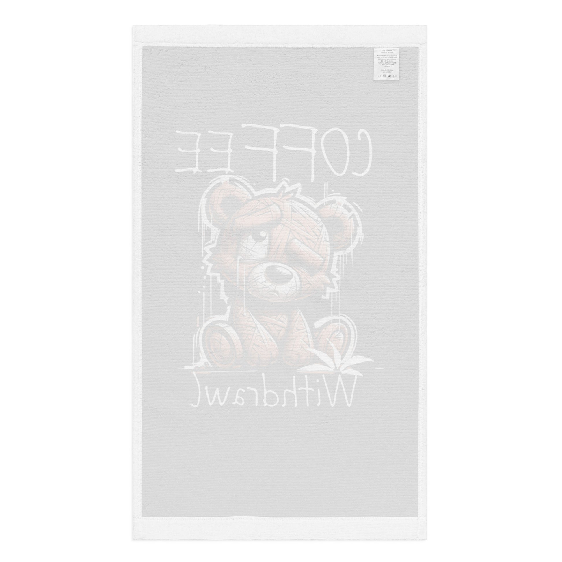 Hand Towel – Coffee Withdrawal (Black) featuring a cute, sleepy bear illustration with coffee-themed text, perfect for faith-inspired home decor and inspirational gifts.
