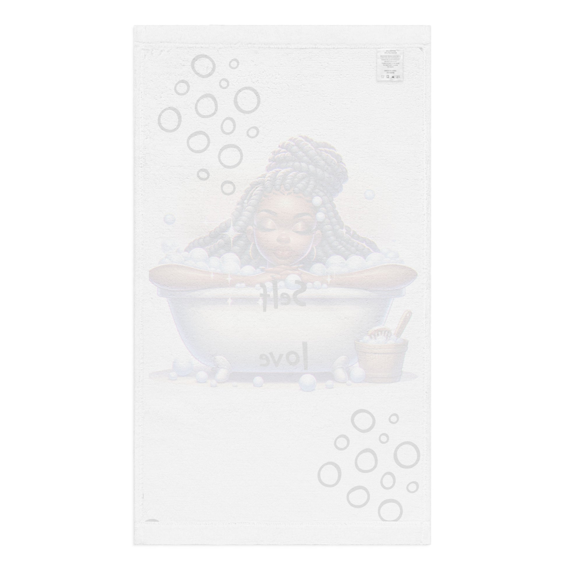White hand towel featuring a peaceful illustration of a woman with braided hair relaxing in a bubble bath, designed for Hand Towel – Self Care with faith-inspired and purpose-driven messaging.