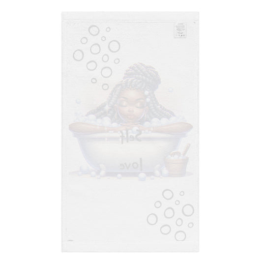 White hand towel featuring a peaceful illustration of a woman with braided hair relaxing in a bubble bath, designed for Hand Towel – Self Care with faith-inspired and purpose-driven messaging.