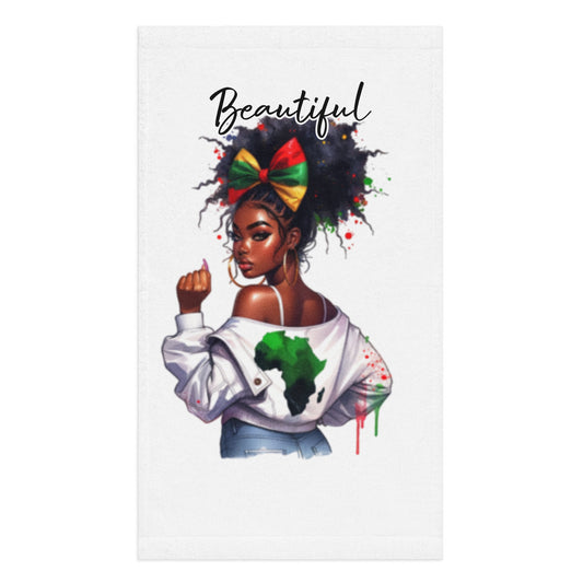 Hand Towel – Beautiful featuring a vibrant illustration of a confident Black woman with natural hair adorned with a colorful bow, wearing a jacket with an Africa map print, embodying faith-inspired apparel and gifts with melanin-rich imagery and purpose-driven messaging.