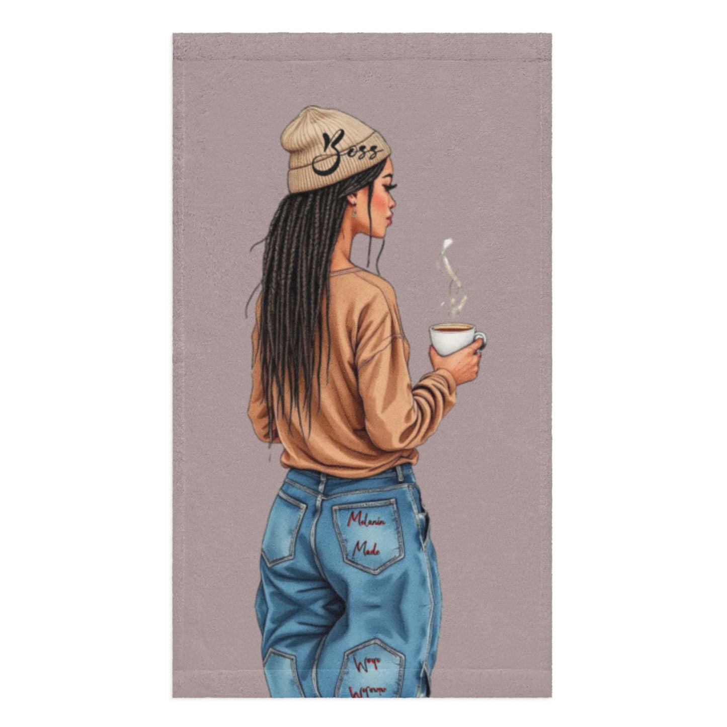 Hand Towel – Chilling with Morning Coffee featuring an illustration of a woman with long braids wearing a beanie and jeans, holding a steaming cup of coffee, promoting faith-inspired and melanin-rich imagery.