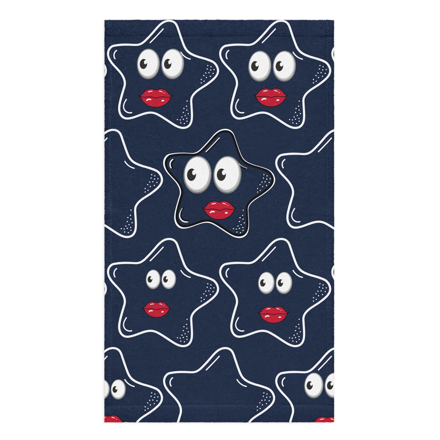Dark blue hand towel featuring a repeating pattern of white outlined stars with expressive eyes and red lips, designed as the Hand Towel – Stars Stars Stars, blending purpose-driven messaging with faith-inspired artistry.
