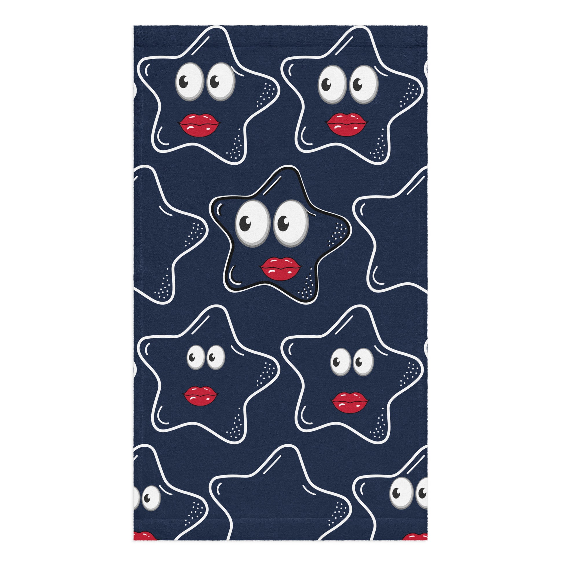 Dark blue hand towel featuring a repeating pattern of white outlined stars with expressive eyes and red lips, designed as the Hand Towel – Stars Stars Stars, blending purpose-driven messaging with faith-inspired artistry.