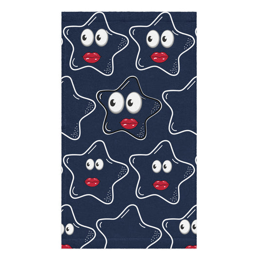 Dark blue hand towel featuring a repeating pattern of white outlined stars with expressive eyes and red lips, designed as the Hand Towel – Stars Stars Stars, blending purpose-driven messaging with faith-inspired artistry.