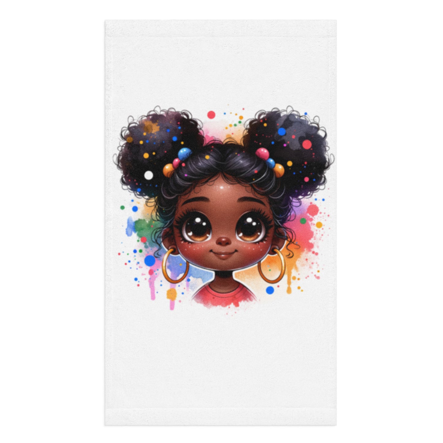 Hand Towel – Pretty Brown Eyes featuring a vibrant illustration of a young Black girl with large expressive brown eyes, curly hair styled in puffs adorned with colorful beads, set against a colorful splash background, celebrating melanin-rich imagery and faith-inspired designs.