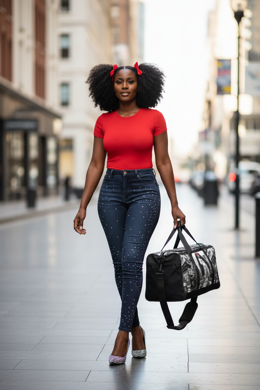 Back view of a black and white street art duffle bag carried by a woman with large afro puffs