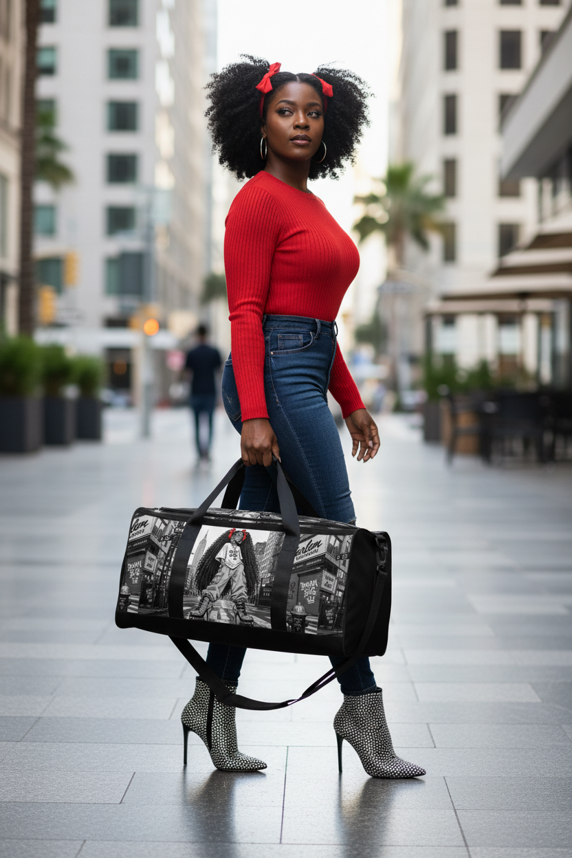 Side angle of a black and white street art duffle bag with shoulder strap on a city street