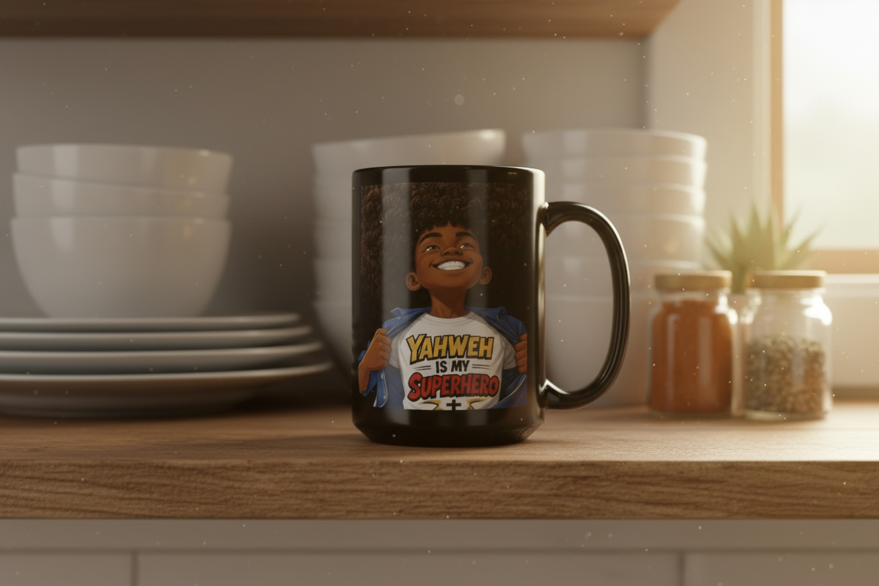 Black glossy mug with Yahweh Is My Superhero cartoon design on a cozy kitchen shelf with dishes and sunlight