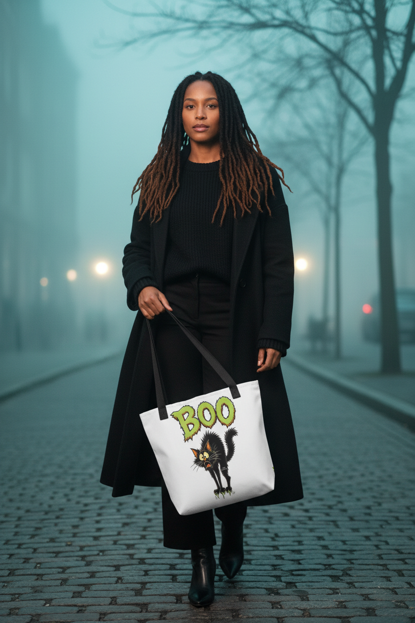 Melanated woman with freeform locs carrying the BOO Black Cat Halloween tote bag on a misty evening street