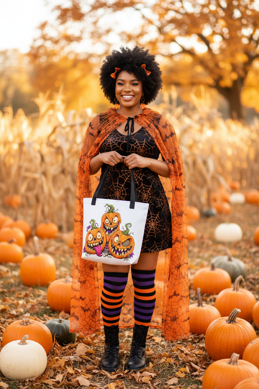Melanated woman with high puff afro carrying the Jack-o-Lantern Crew tote bag in an autumn pumpkin patch setting