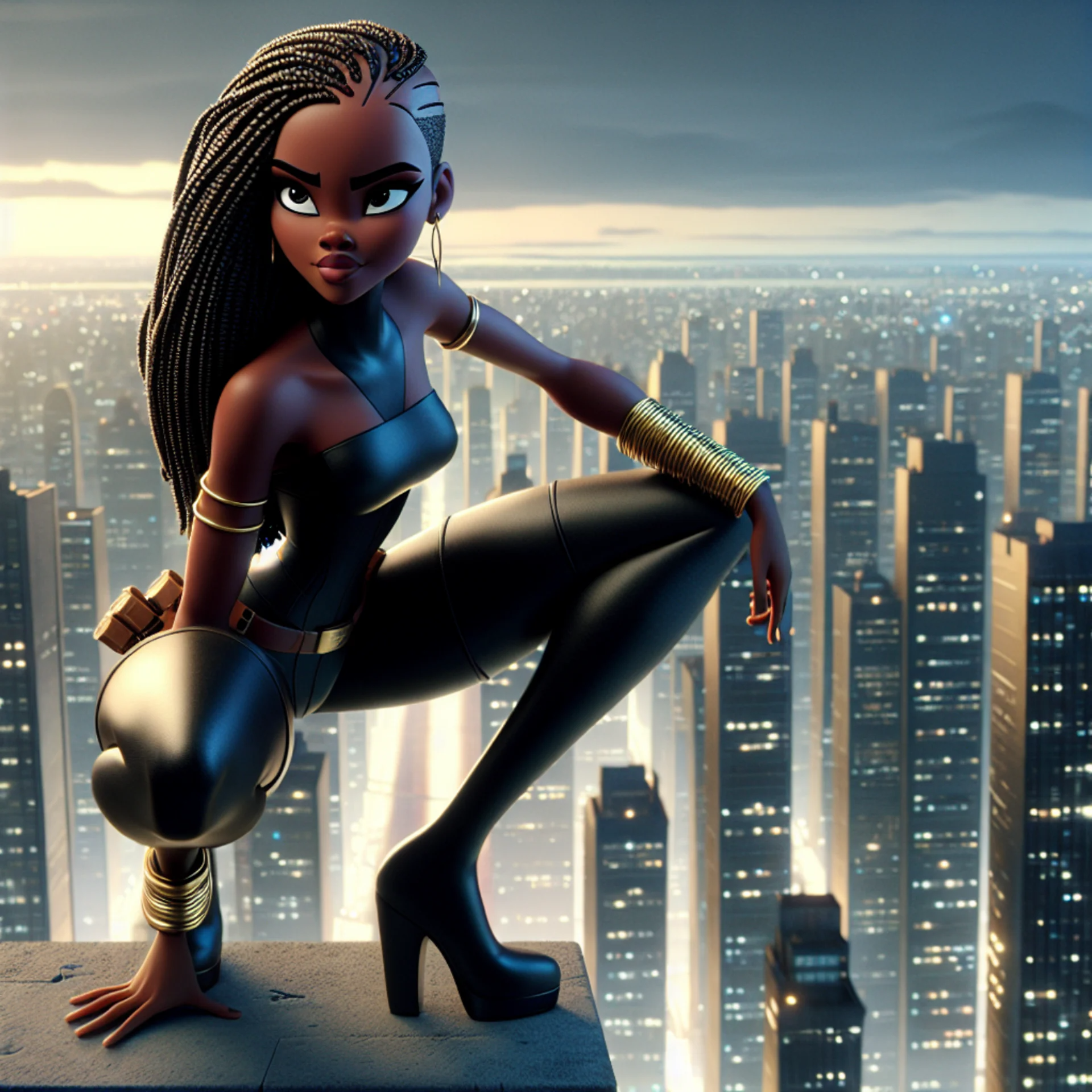 Stylized animated Black woman with long braided hair in a sleek black outfit and high-heeled boots crouches on a rooftop overlooking a glowing city skyline at dusk.