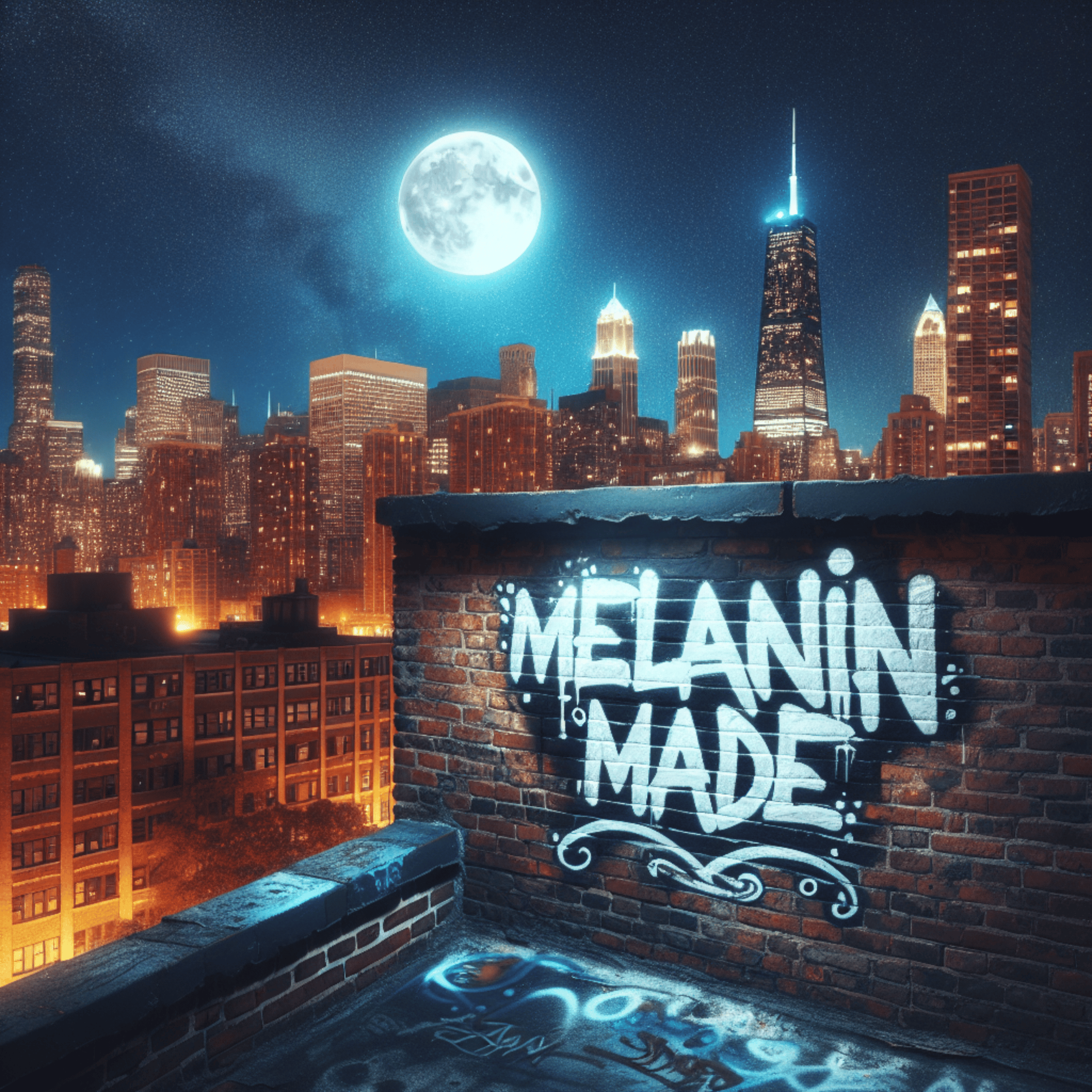 Graffiti-style text reading "Melanin Made!" painted in white on a brick rooftop wall overlooking a glowing city skyline at night under a full moon.