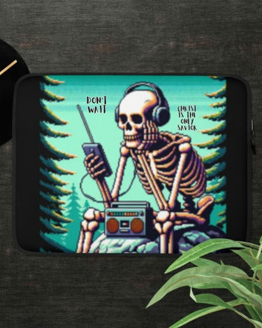 Don't Wait – Christ Is the Only Savior Laptop Sleeve featuring a pixel art skeleton wearing headphones, holding a radio, sitting on a rock surrounded by pine trees with a turquoise background.