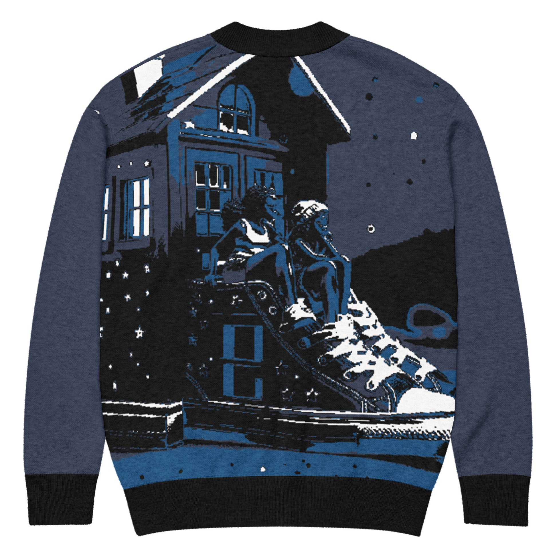 Knitted Cardigan – Porch Vibes featuring a nighttime porch scene with two women sitting on a giant sneaker, blending melanin-rich imagery with faith-inspired apparel and purpose-driven messaging.