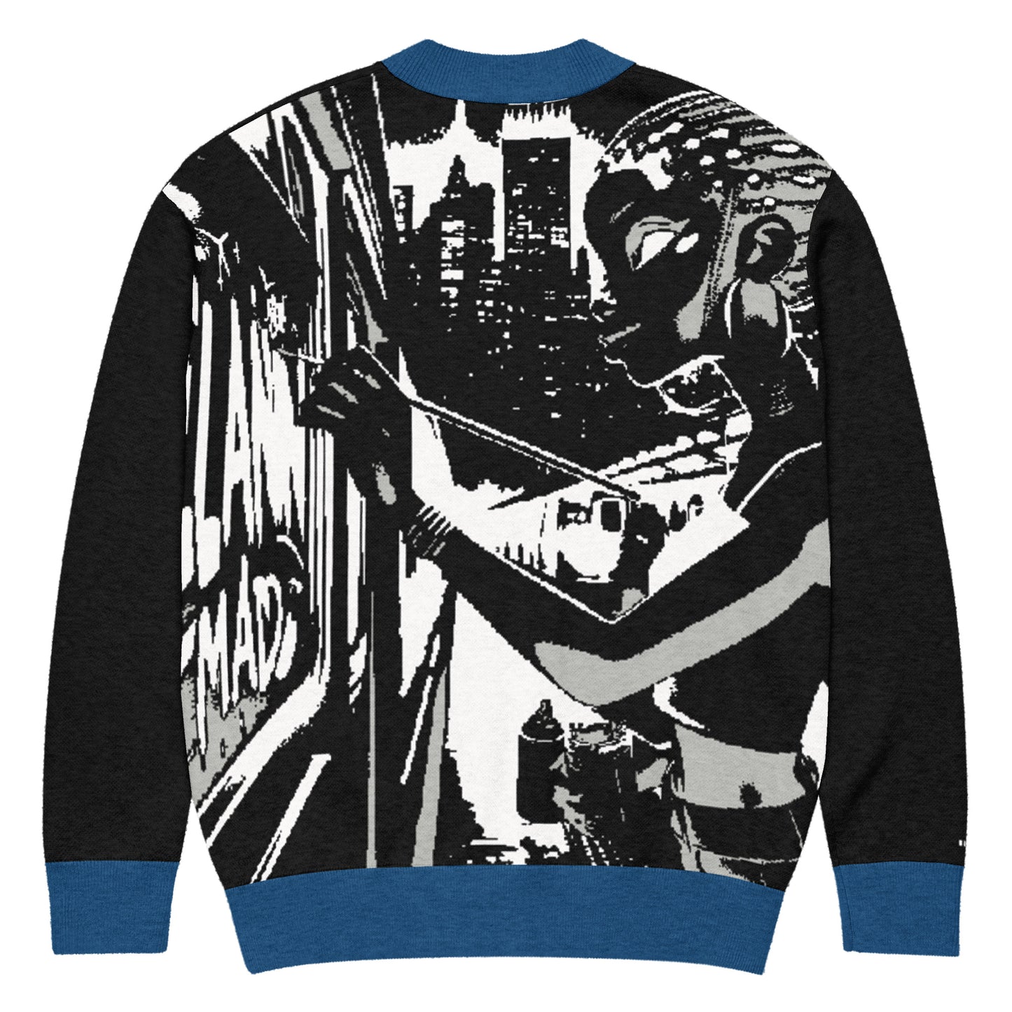Knitted Cardigan – Street Art featuring bold black and white urban mural design of a woman painting with blue cuffs and waistband, faith-inspired apparel with melanin-rich imagery and purpose-driven messaging.