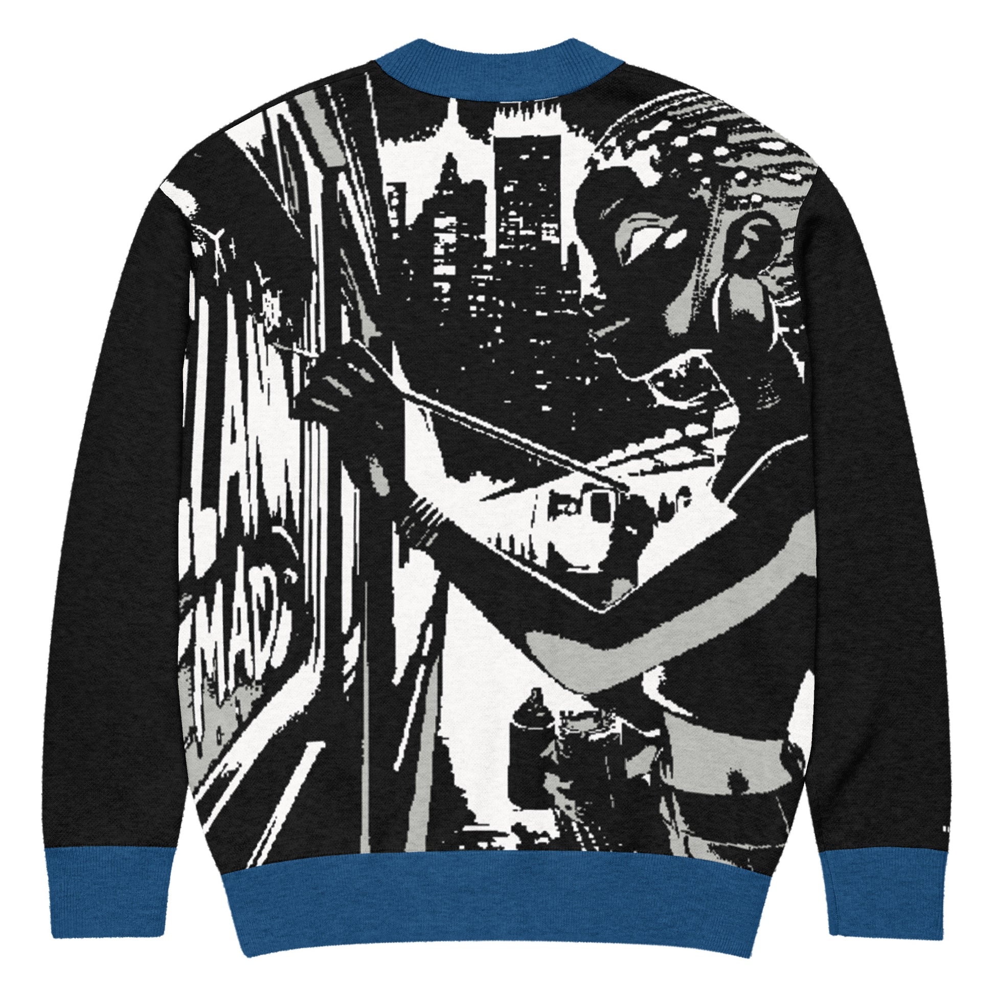 Knitted Cardigan – Street Art featuring bold black and white urban mural design of a woman painting with blue cuffs and waistband, faith-inspired apparel with melanin-rich imagery and purpose-driven messaging.