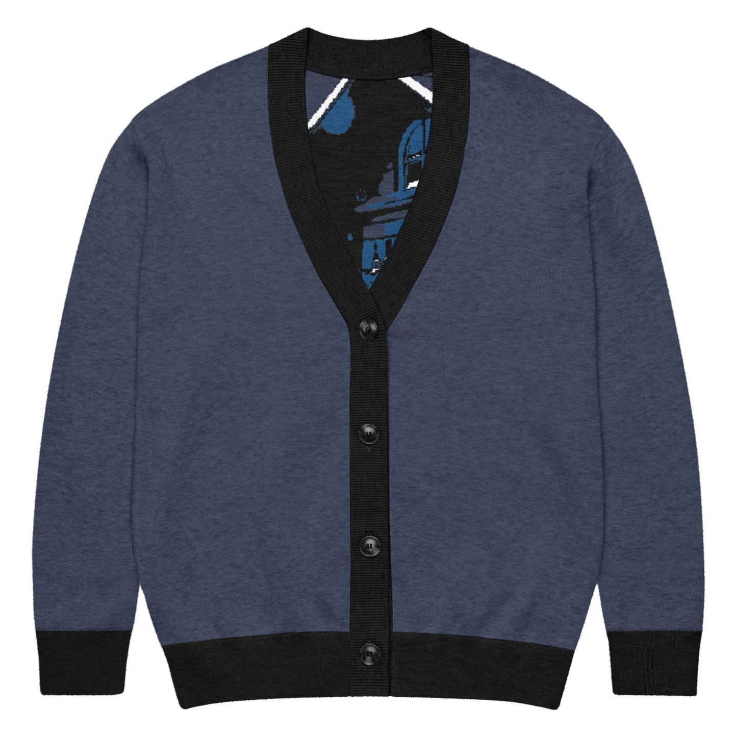 Knitted Cardigan – Porch Vibes in navy blue with black trim and buttons, featuring a faith-inspired design with melanin-rich imagery and purpose-driven messaging for inspirational apparel.