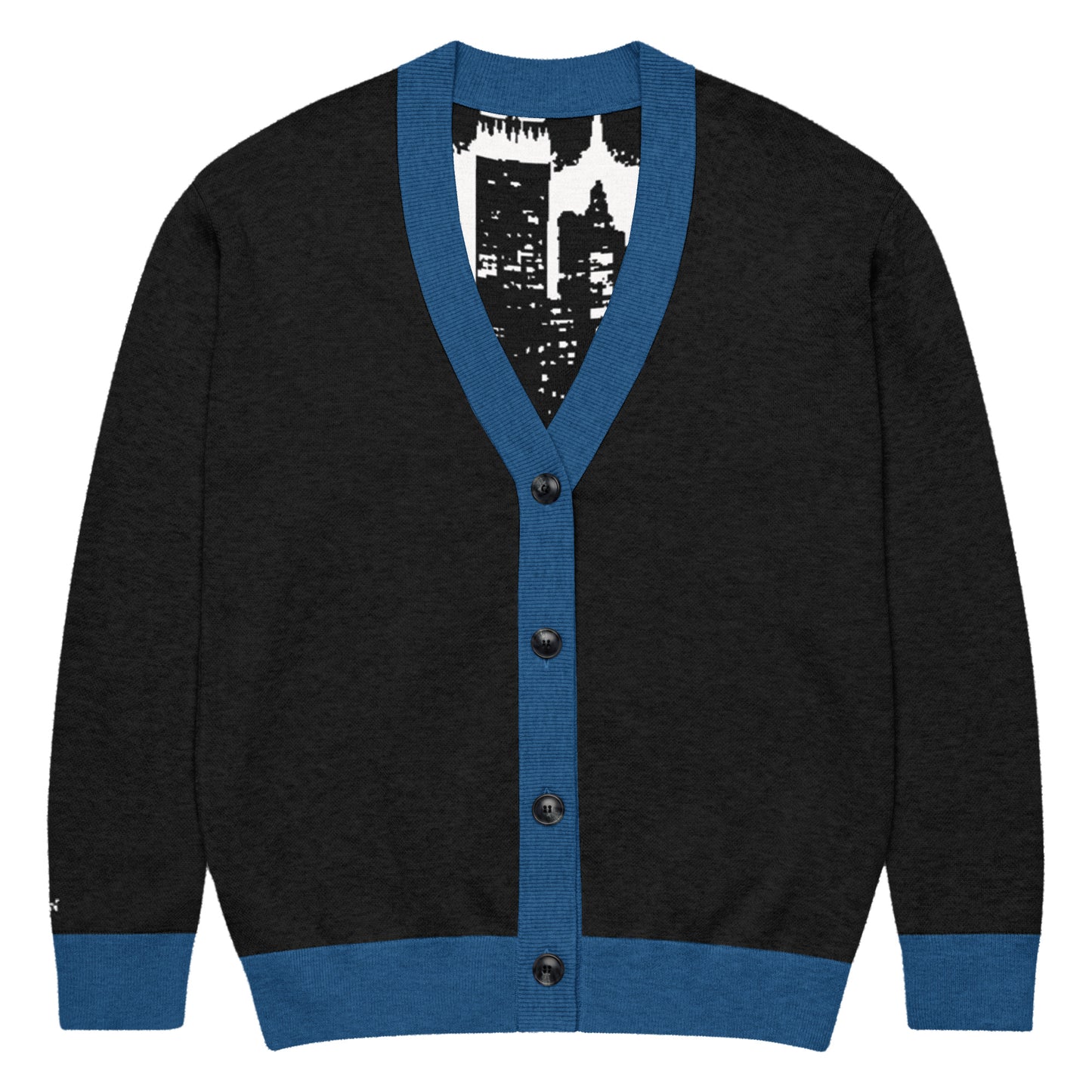 Knitted Cardigan – Street Art featuring a black base with blue trim and cuffs, showcasing a graphic cityscape design inside the garment, reflecting faith-inspired apparel with melanin-rich imagery.