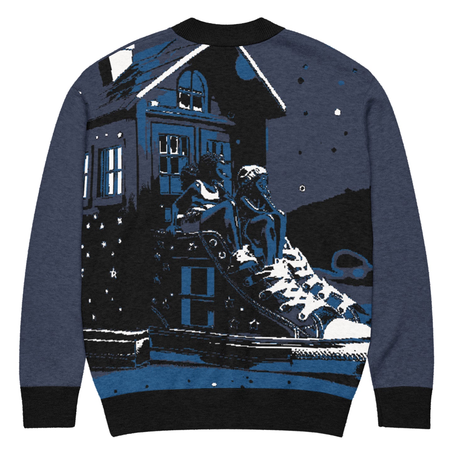 Dark blue Knitted Cardigan – Porch Vibes featuring a detailed artistic design of a house and sneakers with faith-inspired and purpose-driven imagery celebrating melanin-rich culture.