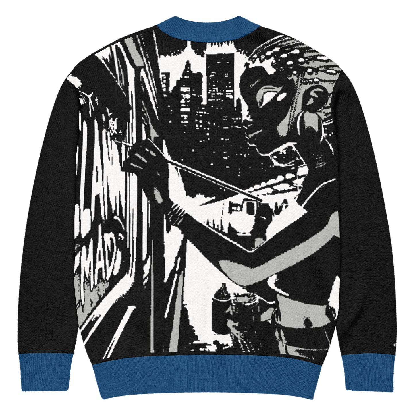 Back view of a Knitted Cardigan – Street Art featuring a black and white urban graffiti design with a silhouette of a woman painting a subway train, accented in blue cuffs and hem, faith-inspired apparel with purpose-driven messaging.