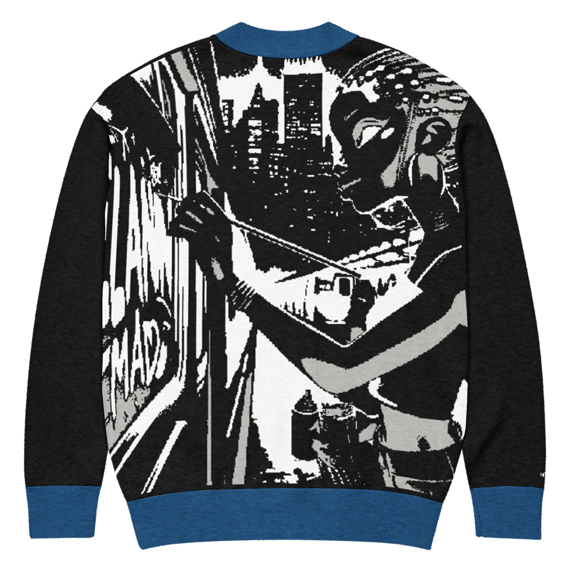Back view of a Knitted Cardigan – Street Art featuring a black and white urban graffiti design with a silhouette of a woman painting a subway train, accented in blue cuffs and hem, faith-inspired apparel with purpose-driven messaging.