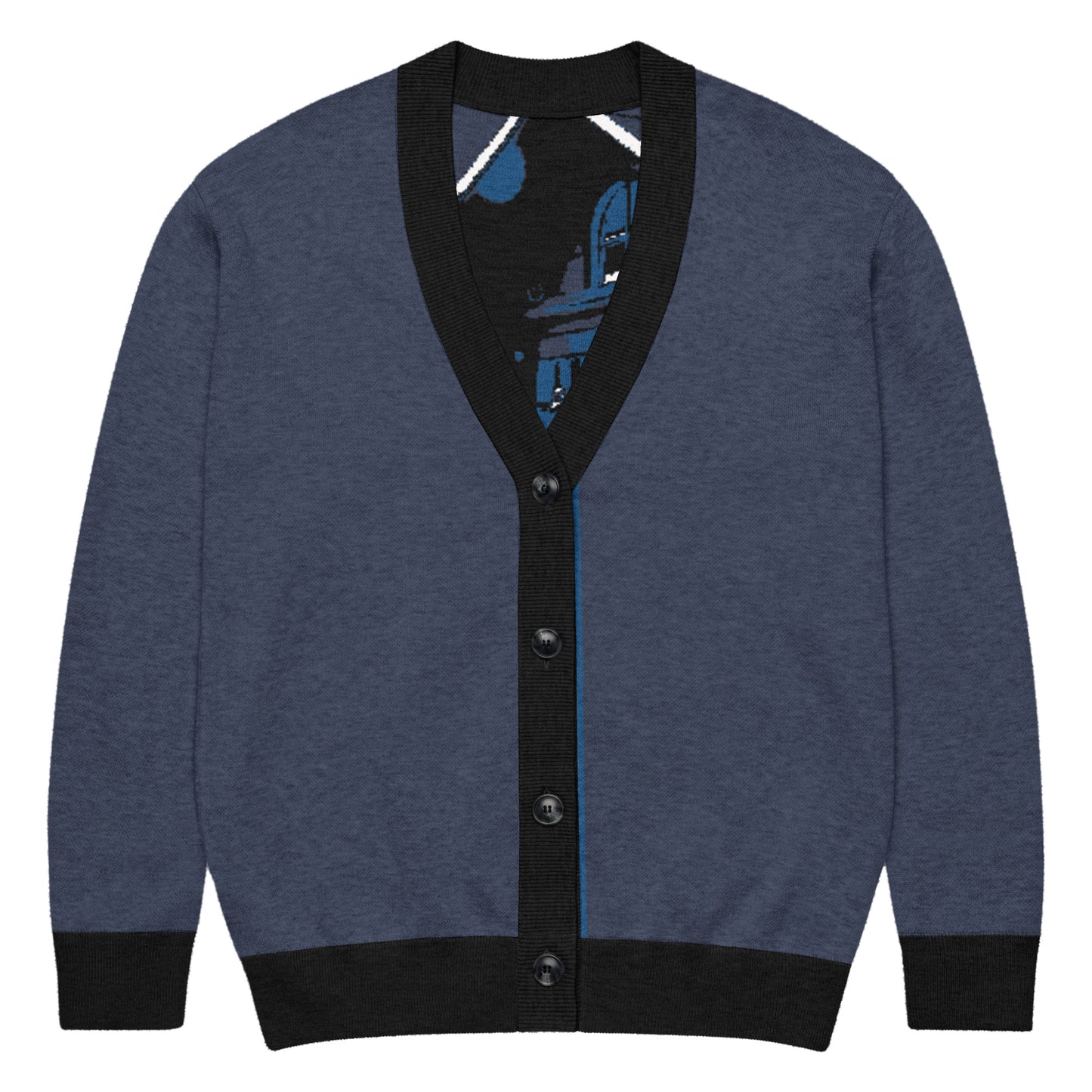 Knitted Cardigan – Porch Vibes in deep blue with black trim, featuring a cozy knit fabric perfect for faith-inspired apparel lovers embracing melanin-rich imagery and purpose-driven messaging.