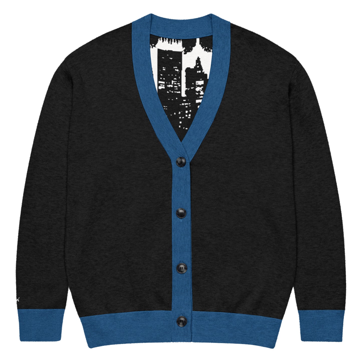 Knitted Cardigan – Street Art featuring a black knit design with blue trim and buttons, showcasing urban-inspired artwork inside, combining melanin-rich imagery and purpose-driven messaging.