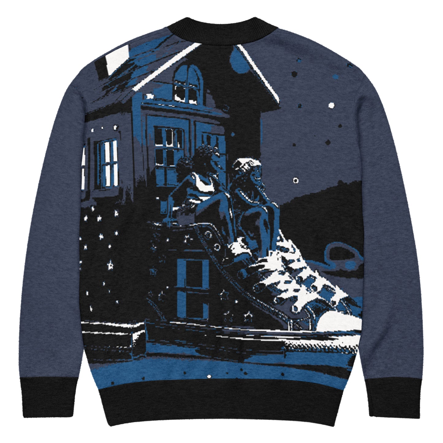 Knitted Cardigan – Porch Vibes featuring a night scene with two people sitting on a porch wearing sneakers, showcasing faith-inspired apparel with melanin-rich imagery and purpose-driven messaging.