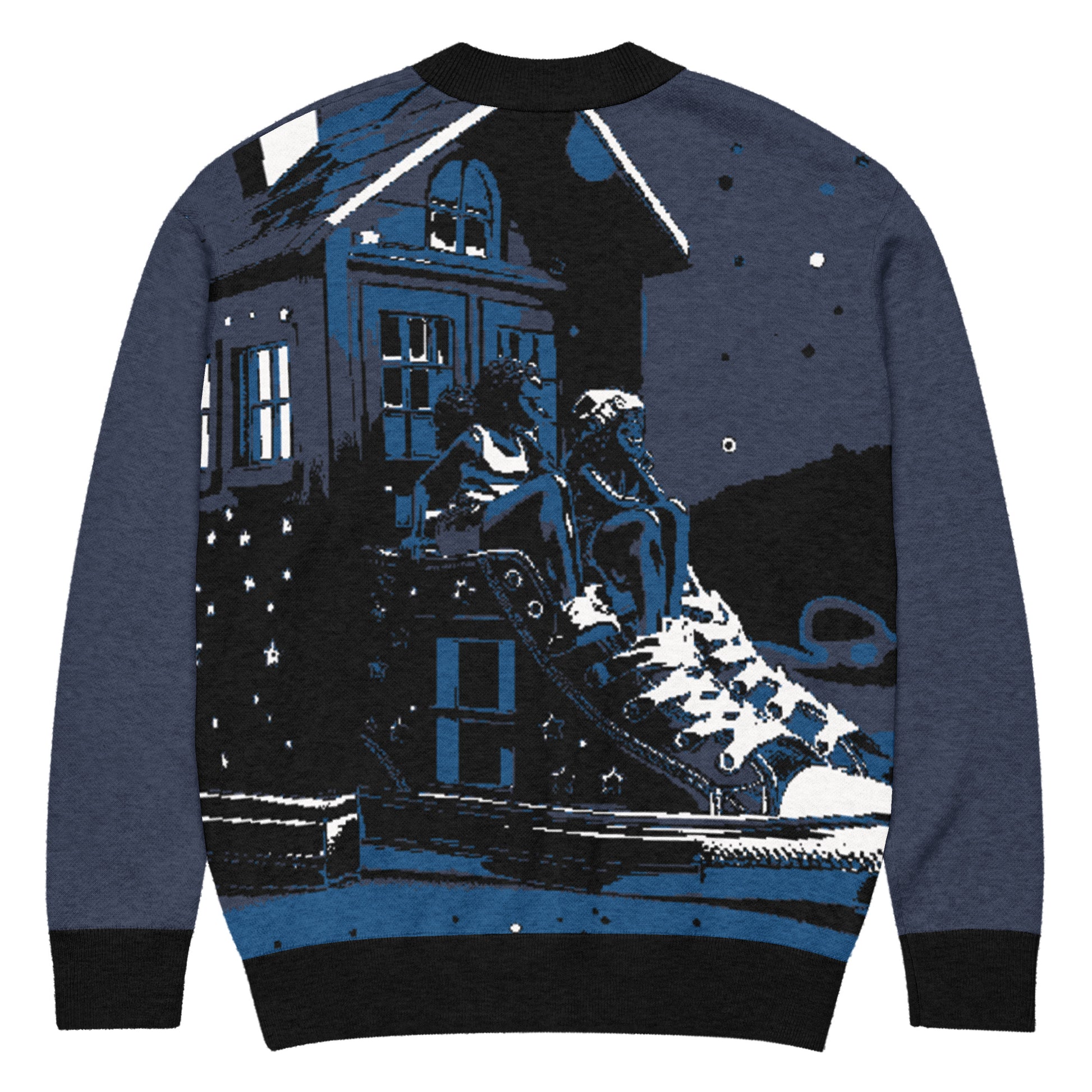 Knitted Cardigan – Porch Vibes featuring a night scene with two people sitting on a porch wearing sneakers, showcasing faith-inspired apparel with melanin-rich imagery and purpose-driven messaging.