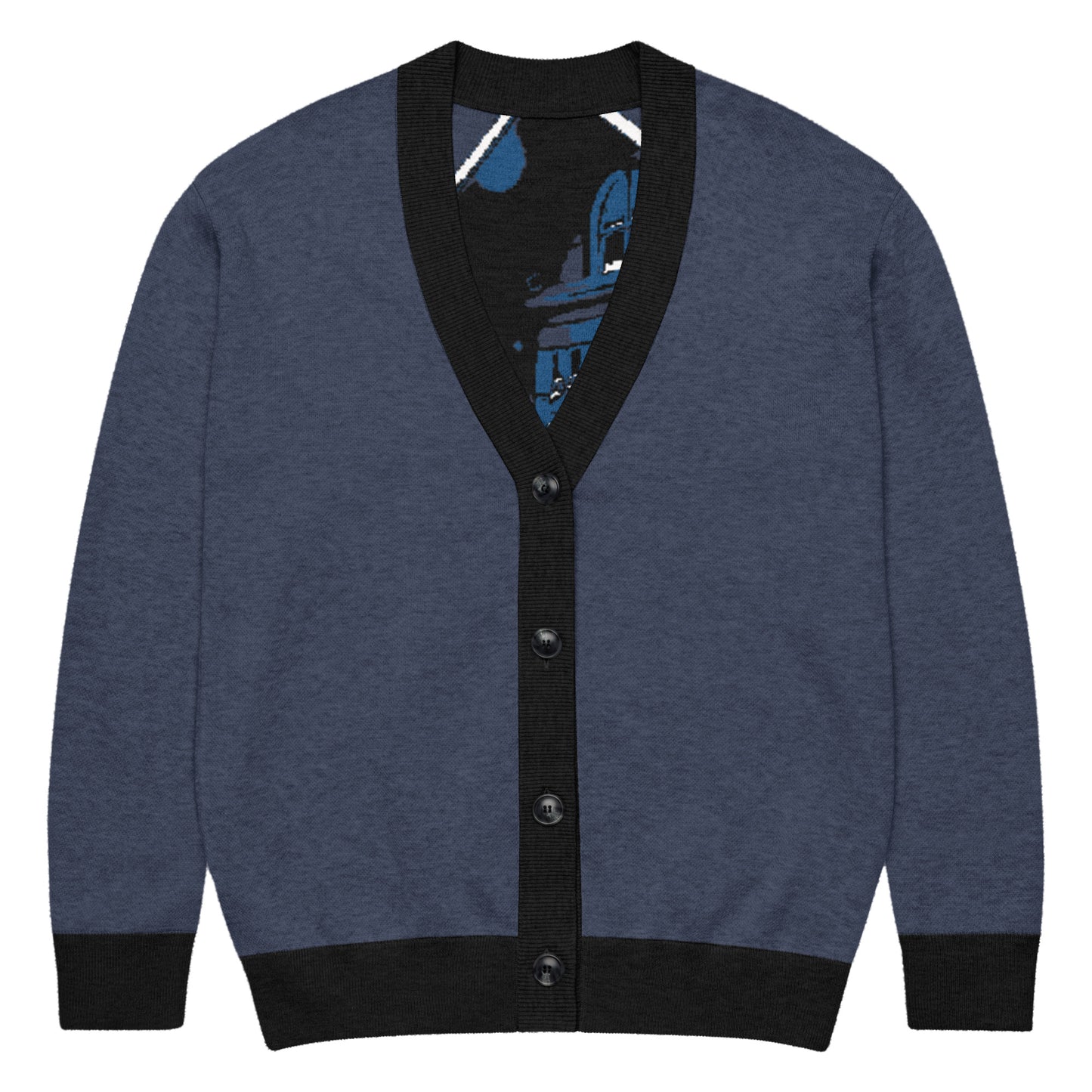 Knitted Cardigan – Porch Vibes in a deep blue with black trim and buttons, combining cozy comfort with faith-inspired apparel featuring melanin-rich imagery and purpose-driven messaging. Walk in purpose. Wear your faith.